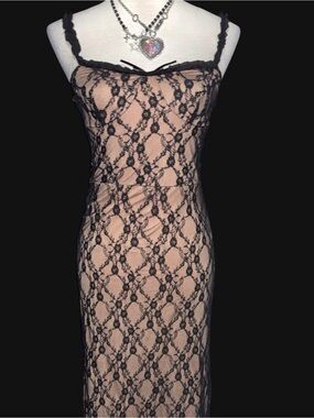 Commense Black Lace Chemise over Nude Slip dress